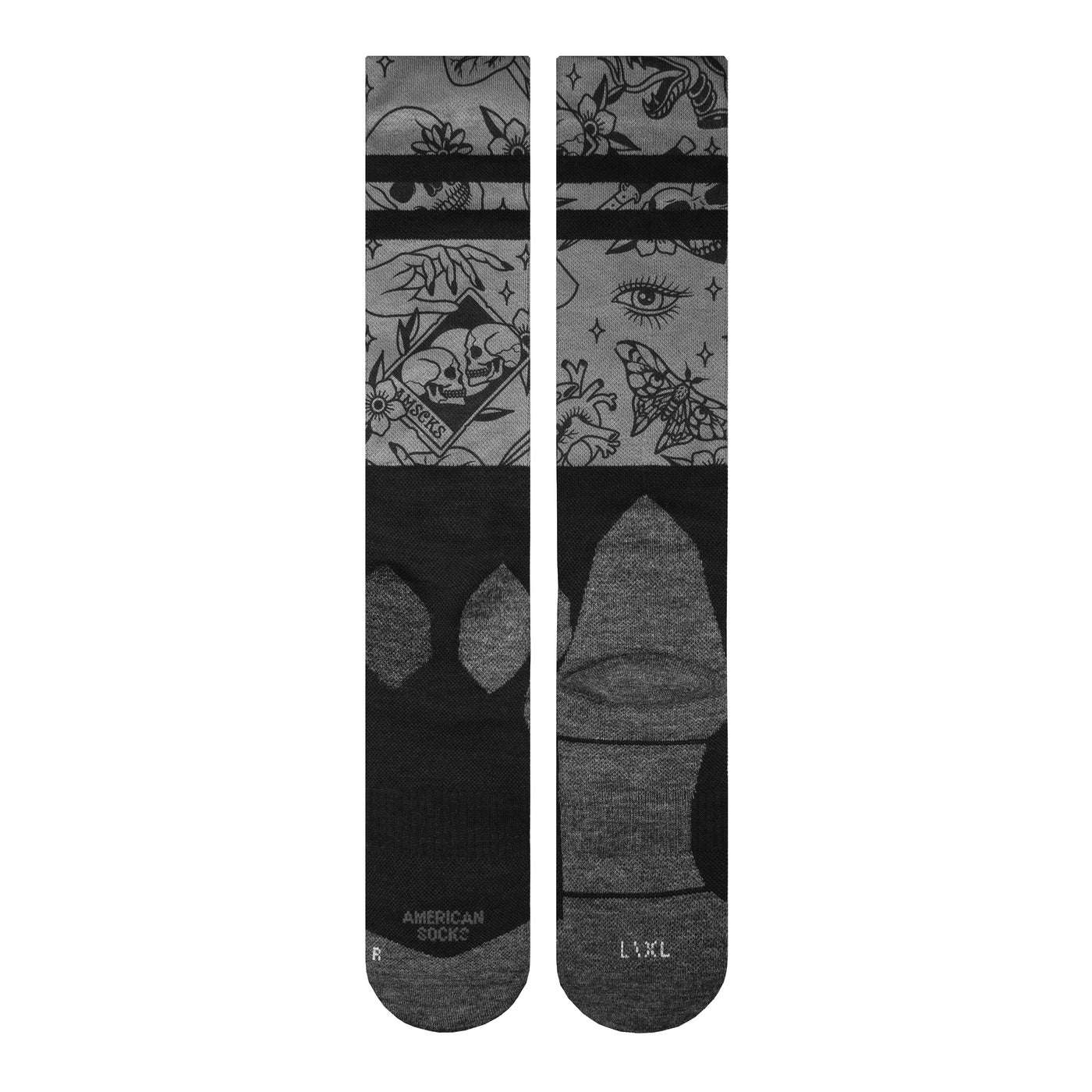 Gray Ski socks with old school tattoo inspired illustrations by american socks