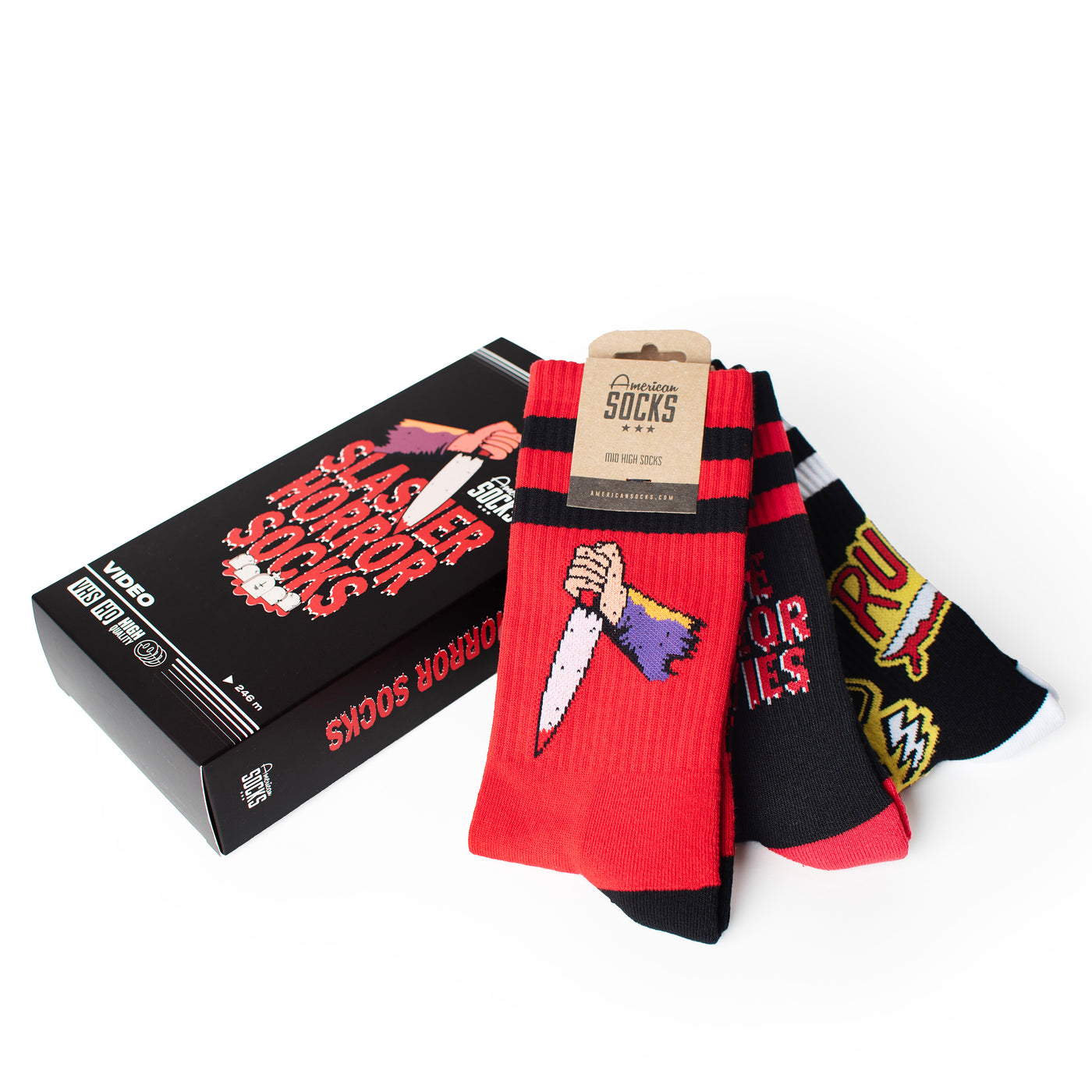 Slasher horror movie gift box with unique psycho socks featuring hand with bloody knife design by american socks