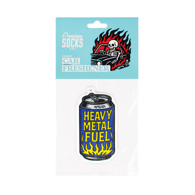 Air freshener beer can with 'Heavy Metal Fuel' text american socks